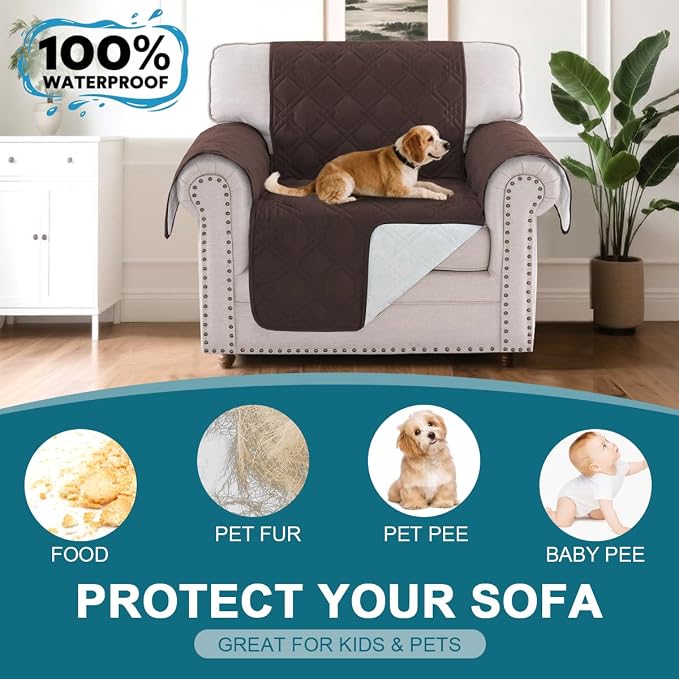 Turquoize 100% Waterproof Couch Cover Sofa Covers for 1 Cushion Couch Chair Covers Triple Non-Slip Washable Furniture Protector Cover for Pets, Kids, Dog (Chair 23", Chocolate) - Image 2