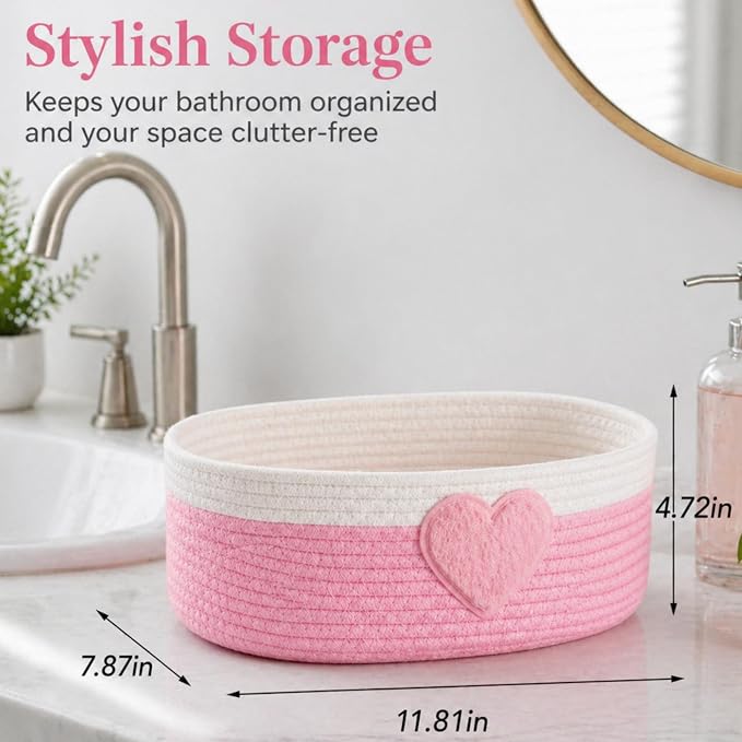 Geelin 3 Pcs Pink Heart Baskets for Gifts, Woven Rope Storage Bins | Rope Design with Heart Decor, Great for Bedroom Shelf Organizing, Nursery Toys, Laundry, Oval 11.8"x7.8"x4.7" - Image 3