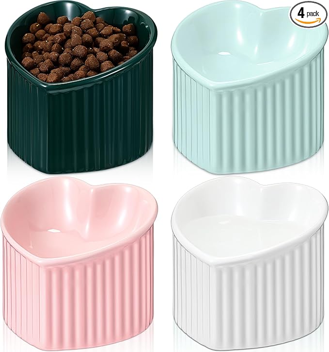 4 Pcs Elevated Cat Food Bowls, Ceramic Raised Cat Bowls, Shallow, Less Digestion Issues, Anti Vomiting, No Stress for Food and Water Indoor Kitten by Dandat
