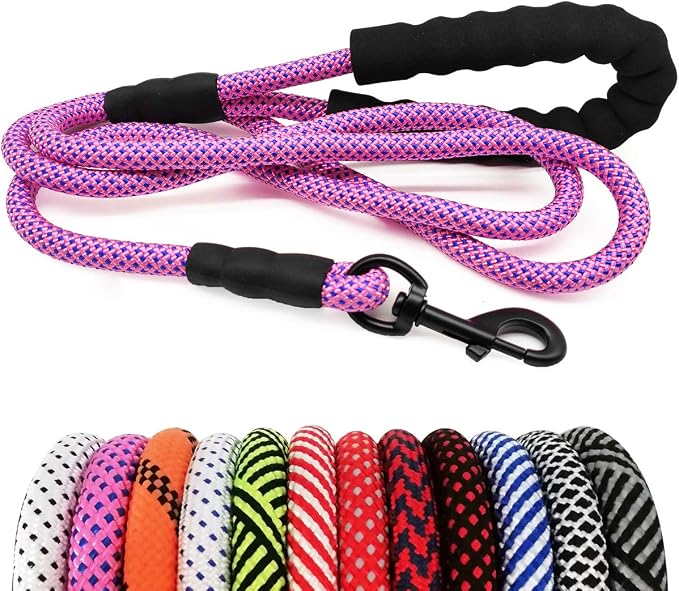 MayPaw Heavy Duty Rope Dog Leash, 6/8/10FT Nylon Pet Leash, Soft Padded Handle Thick Lead Leashes for Large Medium Dogs Walking Training Roaming (Pink-Blue dot, 1/2" * 10') by MayPaw