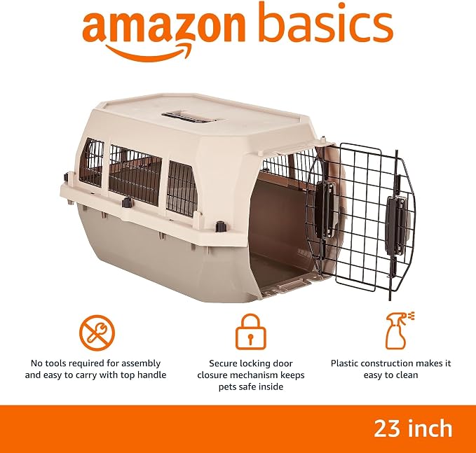 Amazon Basics Hard-Sided Dog and Cat Kennel, Single-Door Travel Pet Carrier with Metal Wire Ventilation, 23.6"L x 15.7"W x 13"H, Beige - Image 2