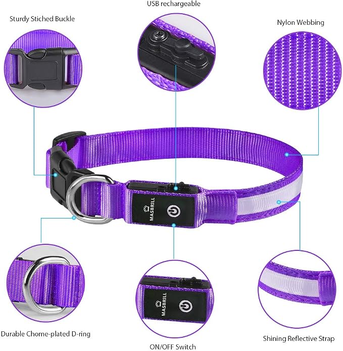 MASBRILL Light Up Collar, LED Rechargeable Glow Flashing Night Collar, Waterproof, 4 Colors, 3 Sizes for Small to Large Dogs (S(0.98 * 15.75"), Purple) - Image 3