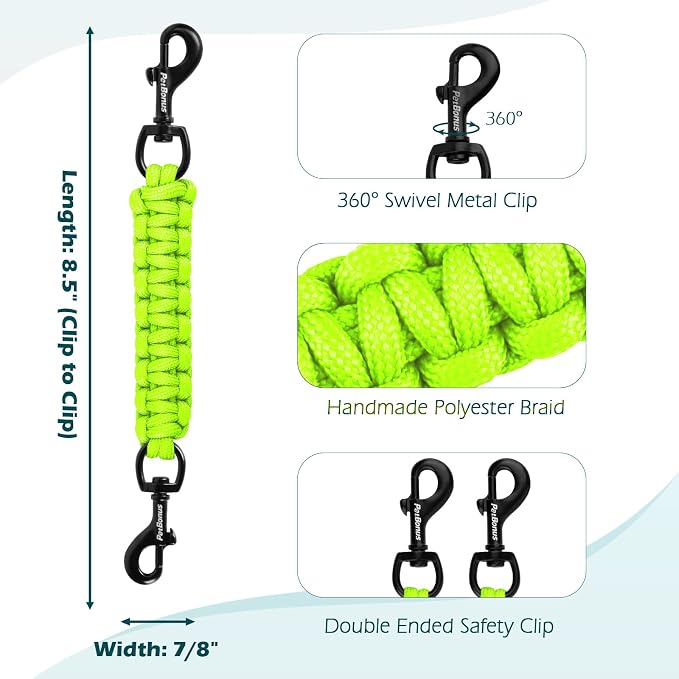 PetBonus Dog Collar Safety Clip, Handmade Prong Collar to Harness Connector | Dog Leash Backup Safety Strap, Escape Proof, Double Ended Clasp, Lead Connector for Pinch Collar, Harness (Neon Green) - Image 2