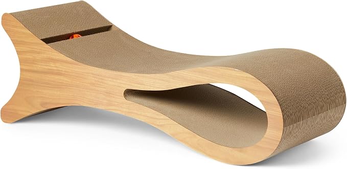 Amazon Basics Cat Scratcher Post Cat Scratcher Lounge Bed for Indoor Cats Bed Shaped Post Pad with Interactive Ball Toy & Catnip, FSC-Certified, 34.3 x 11.8 x 11.8 in, Wooden Color by AmazonBasics