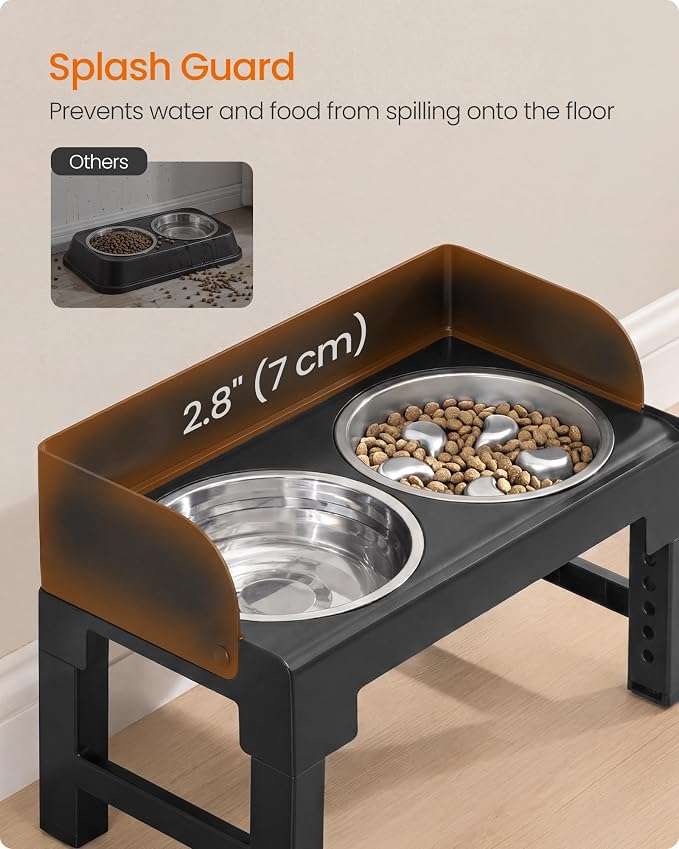Feandrea Dog Bowls Elevated, Adjustable Height, Tilted Design | Raised Stand, 1 Slow Feeder, Two 304 Stainless Steel Bowls, Ink Black, BOXAL Collection UPRB104B101 - Image 4