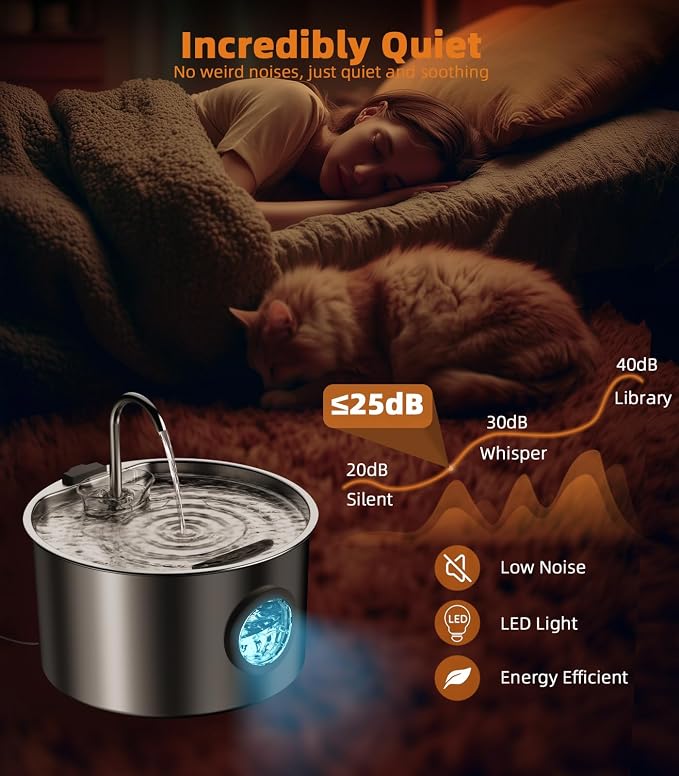 3.2L Cat Water Fountain Stainless Steel with 20 Filters Automatic Pet Water Fountain for Cats/Dogs Indoor Ultra Quiet Metal Cat Fountains for Drinking Kitty Watering Supplies for Animals - Image 4