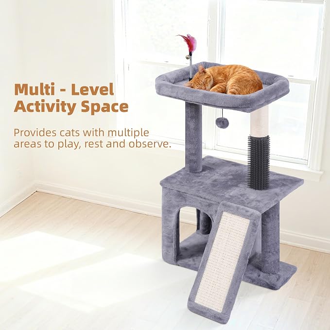 Cat Tree with Self-Grooming Brush and Interactive Toys, Cat Tree Tower for Indoor Cats, Cat Tower with Sisal Scratching Post and Scratching Pads, Cat Condo with Padded Perch, Grey - Image 4