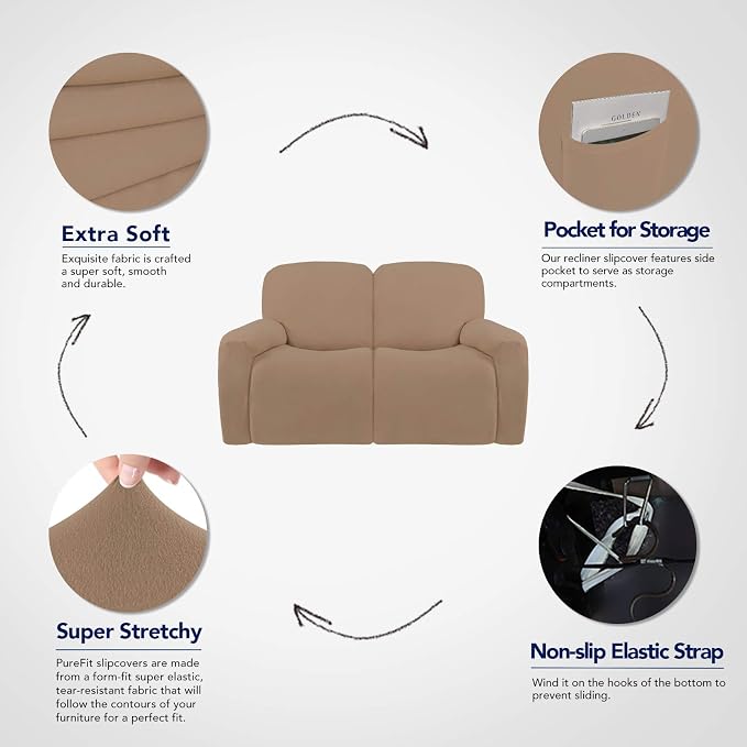 PureFit Super Stretch Loveseat Recliner Sofa Couch Cover with Pocket | 2 Seats Non Slip Soft Sofa Slipcover, Washable Reclining Furniture Protector for Kids, Pets (Recliner Loveseat, Camel) - Image 3