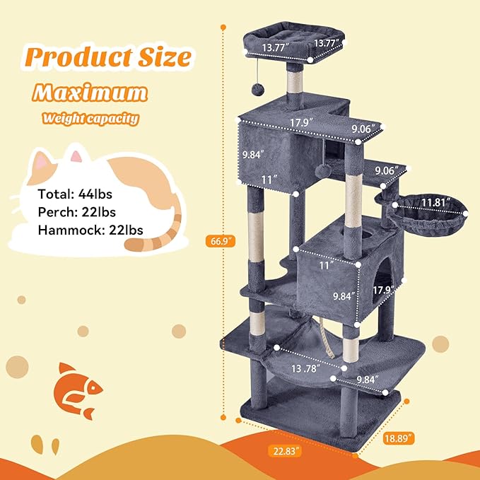 DUMOS Large 66 Inch Cat Tree Tower with Scratching Posts, Indoor Use | Tall Multi Level Cat Climbing Tower with Hammock, Pet Condo for Cats and Kittens Play, Dark Grey - Image 2