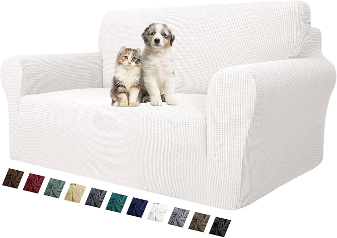 MAXIJIN Stretch Loveseat Sofa Slipcovers 1 piece Love Seat Couch Covers for 2 Cushion Couch Non Slip Sofa Cover Washable Dog Cat Proof Furniture Protector Pet Friendly (Loveseat, White) by MAXIJIN