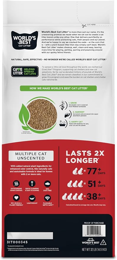 World's Best Cat Litter, Multiple Cat, Unscented, Odor Control, 32 lb Bag - Image 2