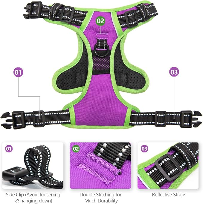 2019 Upgraded No Pull Dog Harness, Reflective Adjustable Vest, with a Training Handle + 2 Metal Leash Hooks+ 3 Snap Buckles +4 Slide Buckles(L, Purple) | with a Training Handle + 2 Metal Leash Hooks+ 3 Snap Buckles +4 Slide Buckles(L, Purple) - Image 4