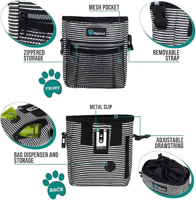 PetAmi Dog Treat Pouch, Pet Treat Pouch For Training, Dog Walking Bag Holder for Kibbles, Pet Food Toy, Dog Trainer Essentials Supplies, Poop Bag Dispenser, 3 Ways to Wear (Black Stripes) - Image 3