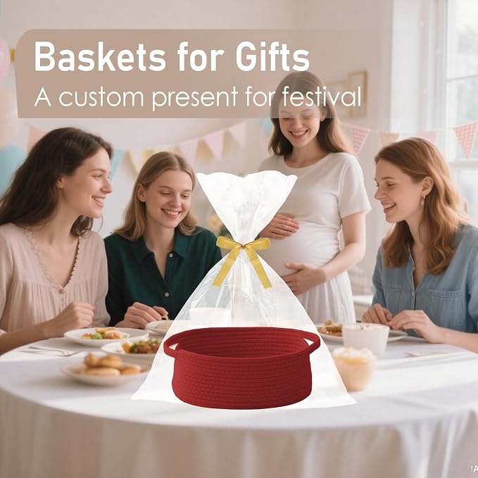 JMvicyroam Small Woven Basket, Empty Gift Basket, Red/3 Pack | Small Gift Basket, Cotton Rope, 12 x 8 x 23 in, Handles, Includes Ribbon and Bag, Birthday Gift Basket - Image 4