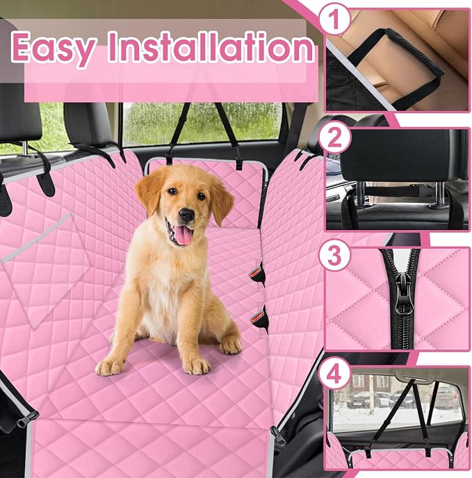 Waterproof Dog Car Seat Cover for Back Seat, Pet Hammock-S, Pink/Grey | Durable waterproof hammock with nonslip design & storage pockets. Protects seats from scratches, fits cars, SUVs & trucks. - Image 5