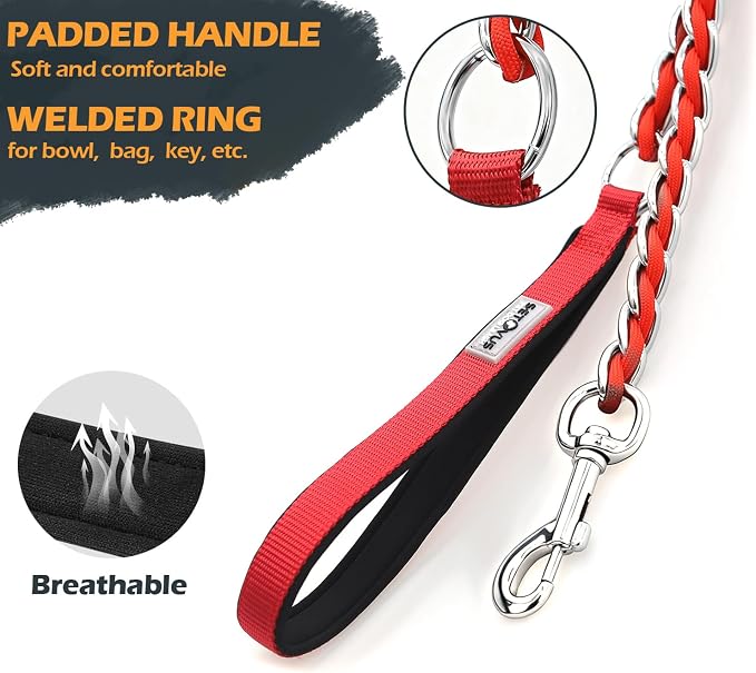 S-ETOVUS-Chain Dog Leash, Bite-Proof Metal Leash, with Padded Handle Red | Three Sizes 7.25FT/5.2FT/4FT, Woven From Nylon Rope And Chain, Durable And Bite-Resistant, Comfortable With Padded Handles - Image 2