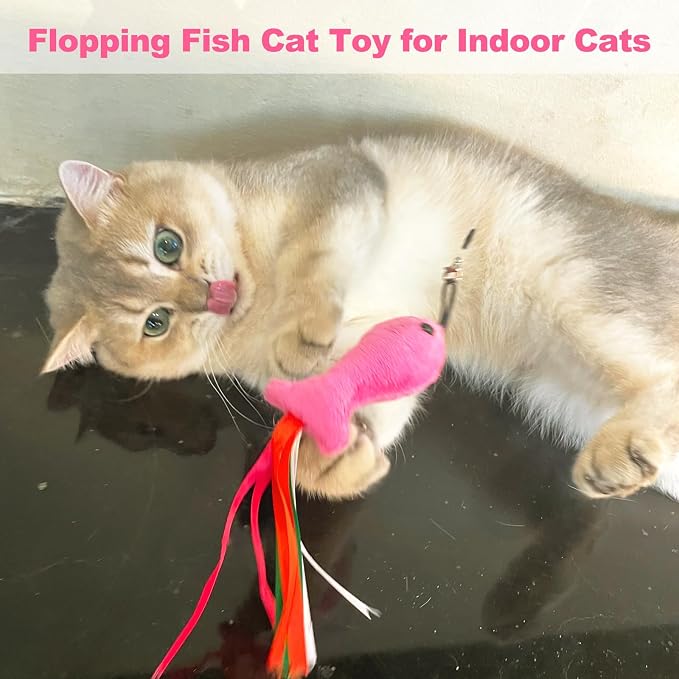 Cat Toys Catnip, 5PCS Floppy Fish Cat Toy Filled Soft Plush, Pink Flopping Fish Chew Kitten Toys, Catnip Wand Toy Attachment with Ribbons, Interactive Cat Toys for Indoor Cats Kitten Play Chew - Image 6