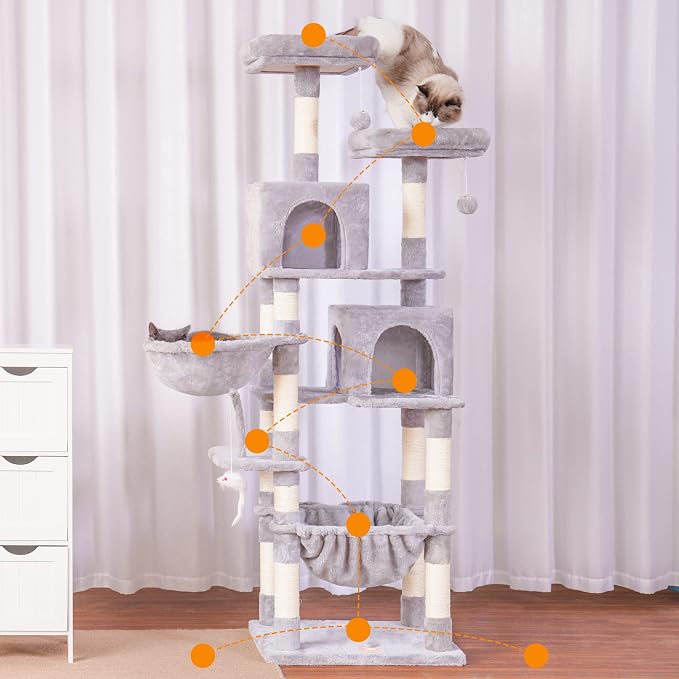 Heybly Cat Tree, 70 inches Tall Cat Tower for Indoor Large Cats HCT032W | Big Cat Condo with Toy , Cat House Furniture with Padded Plush Perch, Cozy Hammock and Sisal Scratching Posts, Light Gray - Image 7
