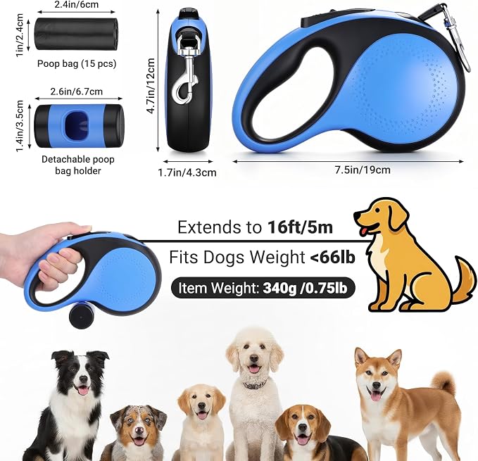 Segarty 16 Ft Retractable Dog Leash with Detachable Poop Bag Holder, 5m Walking Leash for Pets up to 66 lbs, 360°Tangle-Free Dog Lead with Anti-Slip Handle & One-Handed Brake Pause Lock for Outdoors - Image 2