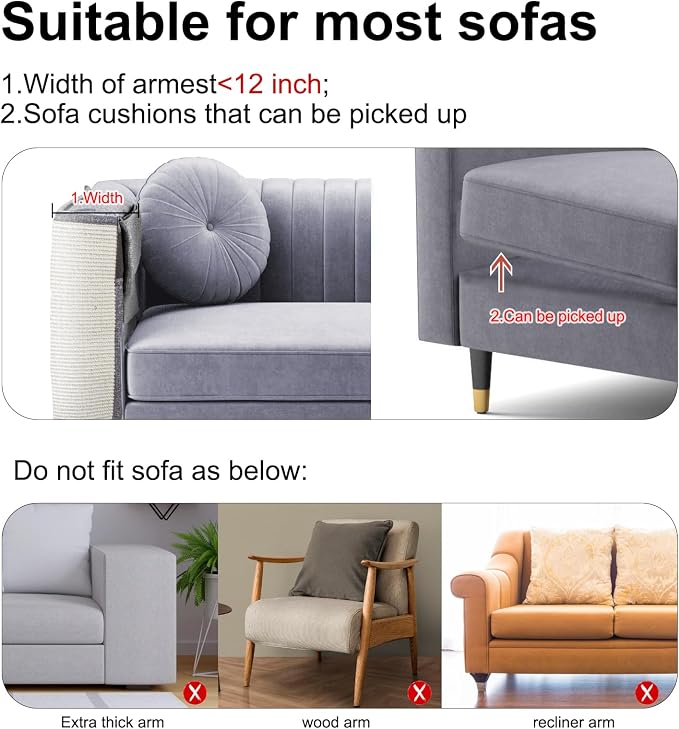 Upgraded Cat Scratch Furniture Protector,Cat Scratch Sofa Arm Sheild with Large Size Natural Sisal for Protecting Couch Sofa Chair Furniture 27.6''L*19.6''W (Light Grey/Right Handed) - Image 6