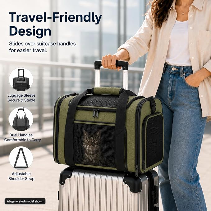 Pet Carrier for Cats and Dogs Up to 15 lb,Olive Green, Medium | 17 x 11 x 11 in, Airline-Compatible, Safety Leash, Luggage Sleeve, Foldable - Image 6