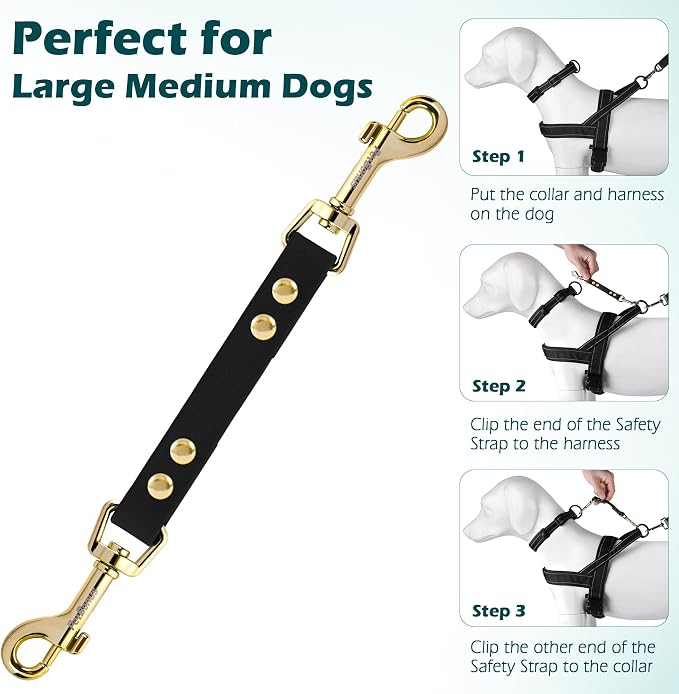 PetBonus Dog Collar Safety Clip, Waterproof Backup Safety Strap | Prong Collar to Harness Connector, Escape Proof, Odor Proof, Easy to Clean, Double Ended Clasp for Training Walking, Black - Image 6