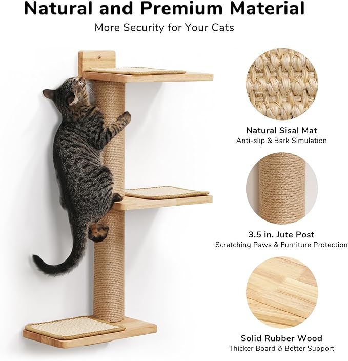 FUKUMARU Cat Wall Shelves, 3 in 1 Transformable Cats Scratching Post | Solid Rubber Wood, DIY Kitten Walls Jungle and Perch Platform Supplies, Suit For Climb, Play, Nap, Scratch - Image 3