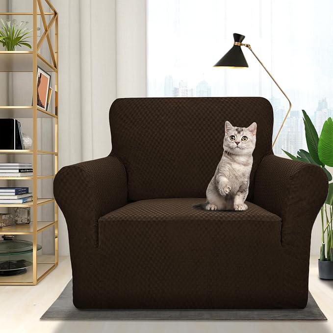 ZNSAYOTX 1 Piece Jacquard Chair Slipcovers for Living Room High Stretch Chair Covers with Arms Anti Slip Pets Friendly Couch Sofa Armchair Cover Furniture Protector (Chair, Dark Coffee) - Image 2