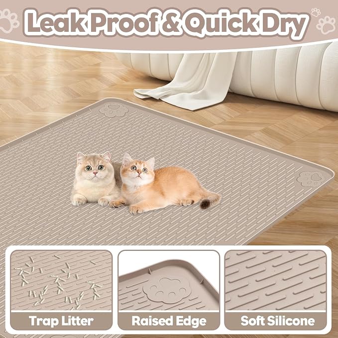 Kalolary Cat Litter Mats,40"x28"Extra Large Silicone Cat Mat for Litter Box | Easy to Clean Kitty Litter Trapping Mat, Soft on Kitty Paws, Waterproof, Urine-Proof Kittys Litter Mats for Floor,Khaki - Image 3