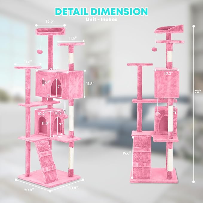 FDW | 70" Cat Tree Tower | Pink | Multi-Level Indoor Activity Center with Sisal Scratching Posts, Condos, Plush Perches, Hanging Cat Toys | Sturdy, Easy to Assemble | for Kittens & Adult Cats - Image 7