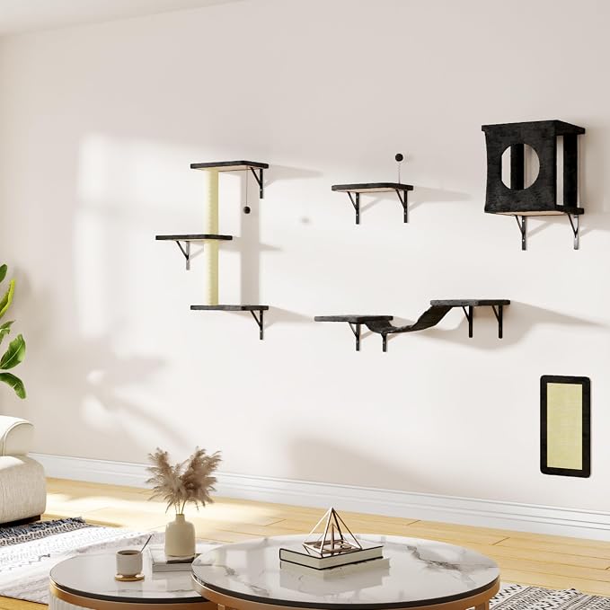 Cat Wall Shelves, 10-in-1 Wall-Mounted Cat Furniture Set | Large Cat Climber Set with House, Bridge, Steps, Scratcher, DIY Playground, Shelves for Indoor Wall Furniture Set - Black - Image 8