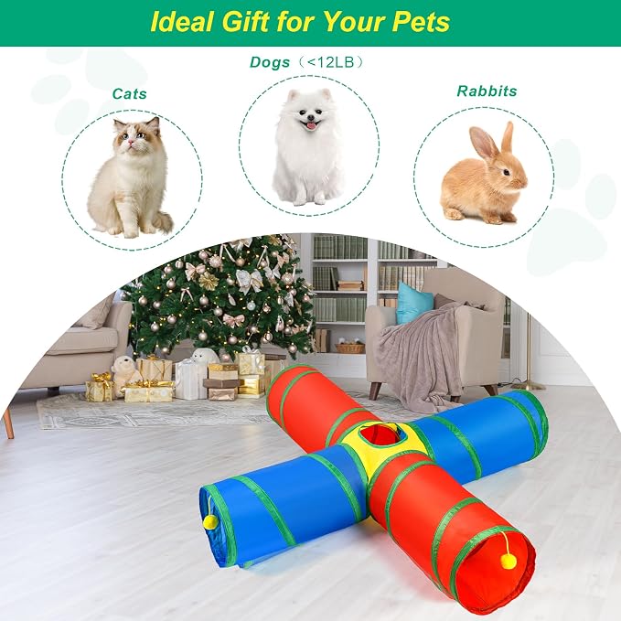 Cat Tunnel 4 Way Collapsible, Interactive Cat Toys for Indoor Cats, 12 PCS Cat Springs Toy Kitten Toys Pack, Large Rainbow Bunny Tunnel Tube with Peephole, Pet Tunnels for Cats Kitty Rabbits - Image 8