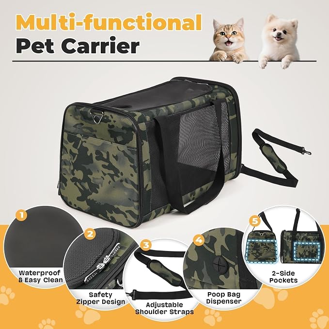 YUDODO 25lbs Cat Carrier Lightproof Soft Sided Pet Carrier for Large Cat | Airline Approved, Lightproof Breathable Design, Side Pockets, Durable Mesh, Foldable and Portable, Black Camouflage - Image 3