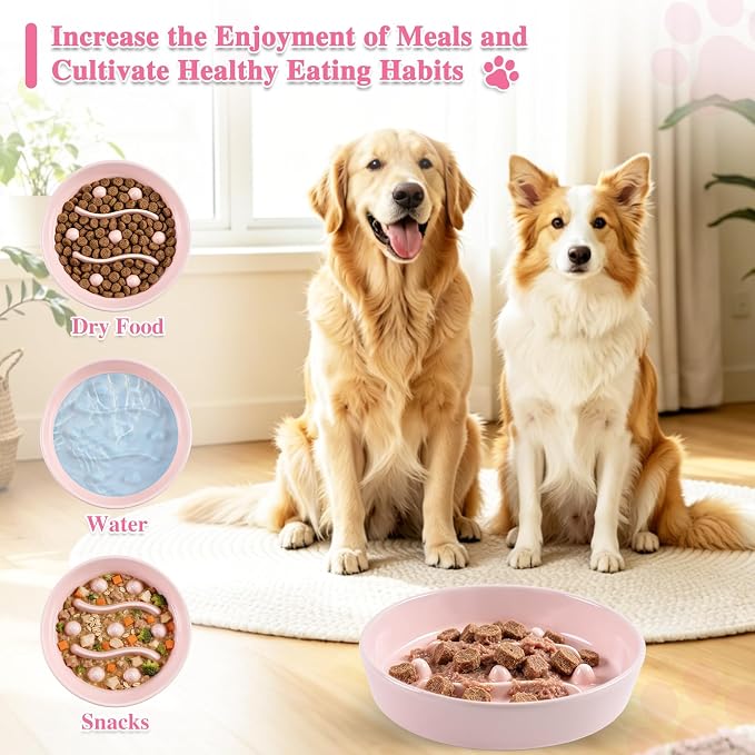 Ceramic Slow Feeder Dog Bowls,1.5 Cups Dog Food Dish for Medium& Large Dogs | 7.5 inch Puzzle Dog Food Bowl for Fast Eater, 28OZ, (Pink) - Image 6