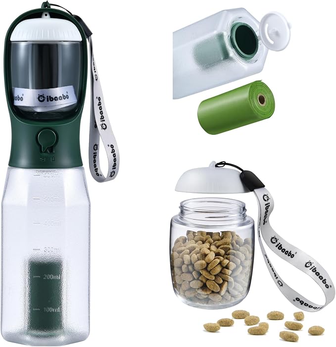 Cibaabo Dog Water Bottle with Food Container & Poop Bag Holder & Filter | Feeding & Hydration & Waste All in One | Travel Puppy Water Bowl | Portable Pet Dispenser | Dog Gifts | for Walking Beach by Cibaabo