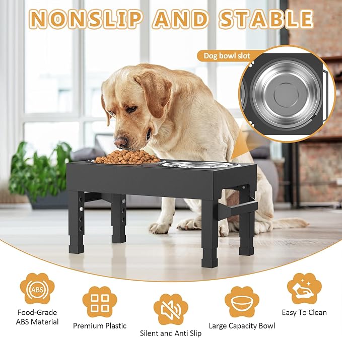 Elevated Dog Bowls Stand Large Breed, Height Adjustable Raised Dog Bowls Holder with 2 Stainless Steel Food Bowls for Small, Medium and Large Canine，Black - Image 3