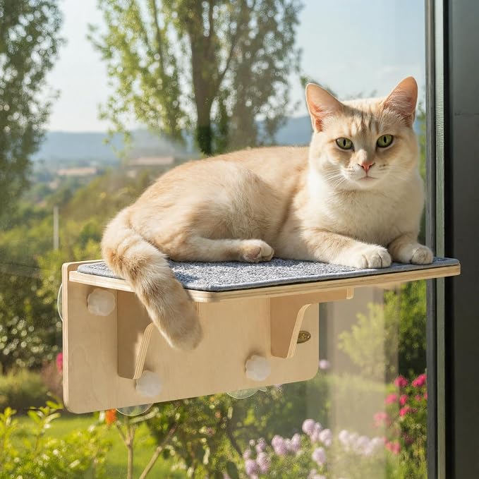 Pecute 2-in-1 Cat Window Perch & Wall Shelves, Cat Hammock Window 16"x10" | Solid Wood Frame, Strong Suction Cups, Washable Cover Mat, Window Bed for Kitten, Indoor Cats, Window Seat for Birds Watching by pecute