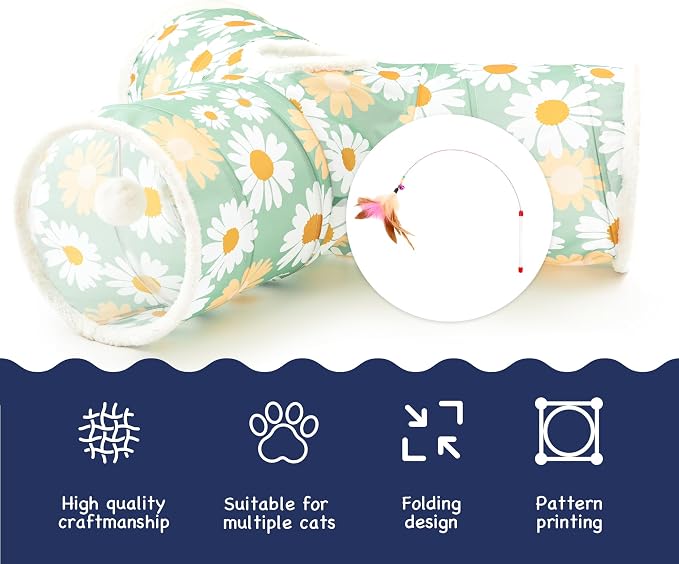 Tempcore Cat Tunnel for Indoor Cats, 3 Way Collapsible Pet Play Tunnel with Teaser Wand, Peek Holes & Hanging Ball, Interactive Tube for Kittens & Rabbits, Daisy Green Printed - Image 7