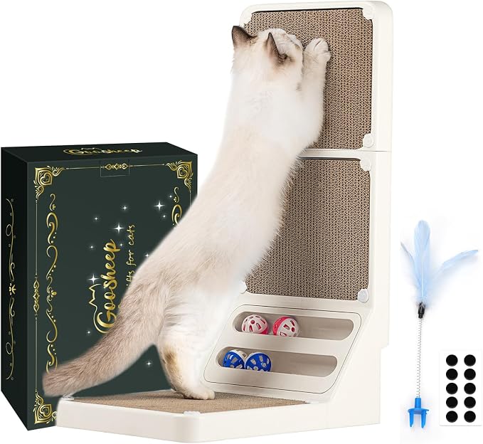 Goosheep Cat Scratching Board Kitten Scratching Ball Wall Scratchers for Indoor Cats L Shaped Cat Scratcher Cats with Scratcher Pads White - Image 2