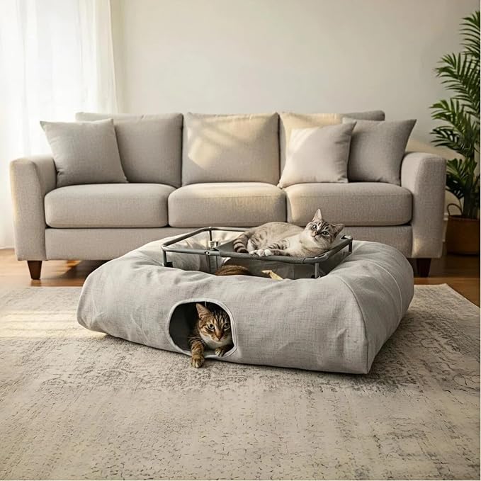 XXL 2-Tier Cat Tunnel & Hammock Bed, Scratch-Proof Linen, for All Cats Toys | XxingSheep 4 Cave Premium Hemp Fabric Cat Tunnel Bed for Indoor Cats Toys Cave Donut with Soft Mat & Toys - Image 4