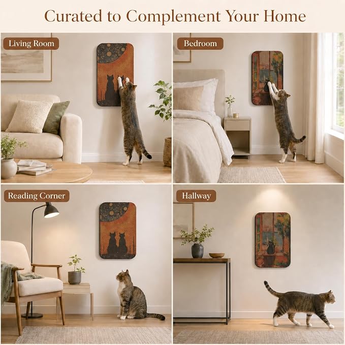 2 Pack Cat Wall Scratcher, Art Cat Scratching Board for Cats | Wall Mounted Cat Scratch Pad, Water-Based Ink, Hook&Loop Strips, Floor or Wall Use, 16.7x11x1 Inch, Window & Starry Night - Image 9