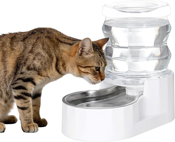 RIZZARI 4L Gravity Cat Water Dispenser: Filter-Free Compact Home Use | No Power Needed/Stainless Steel Bowl/Spill-Resistant Base/Perfect For Cats & Small Dogs/Easy Water Refill by RIZZARI