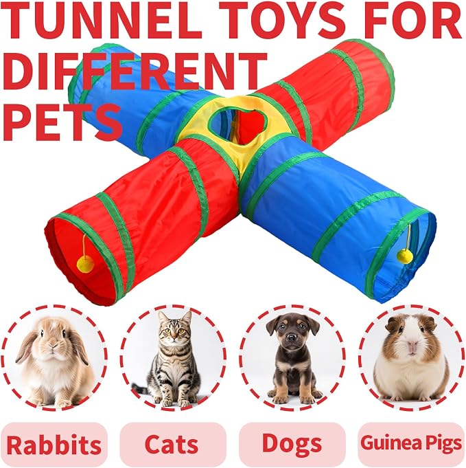 Pet Cat Tunnel, 4 Way Tunnels for Indoor Cats, Collapsible Pet Tunnel for Kitten, Puppy, Rabbit, 25cm-Wide Tunnels, Durable & Breathable, with Peek Hole Toy Ball - Image 2