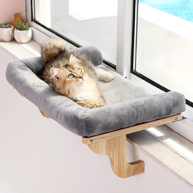 Zakkart Cat Perch for Window Sill with Bolster - Orthopedic Hammock Design with Premium Hardwood & Robust Metal Frame - Cat Window Seat for Large Cats and Kittens - Natural Color Wood Gray Bed, 24''W by Zakkart