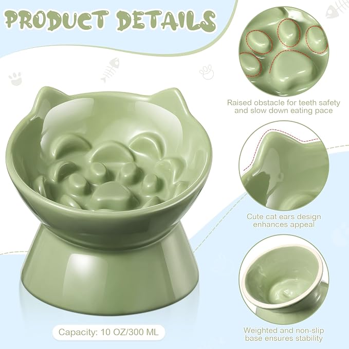 Funnymoom 2 Pcs Ceramic Raised Slow Feeder Cat Bowl, 5.91inch Elevated Cat Slow Feeder Bowl Tilted Anti Vomiting for Dry Wet Food and Water Easy to Clean High Edge(Green, Blue) - Image 3