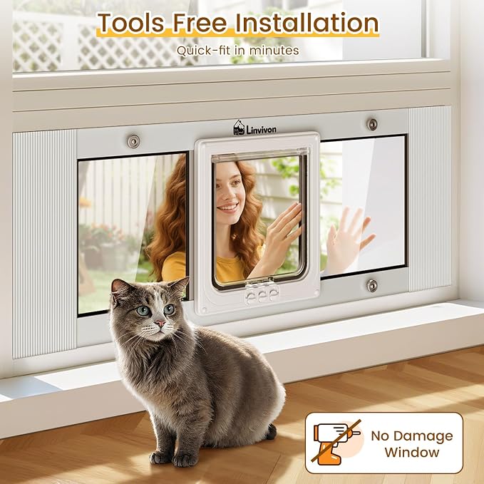 Adjustable Cat Door for Window, 31"-36" Quick Install | 4 Locking Modes Keeps Pets in/Out, Window Insert Design, Magnetic Closure, Weatherproof Aluminum Frame, Durable & Safe - Image 4