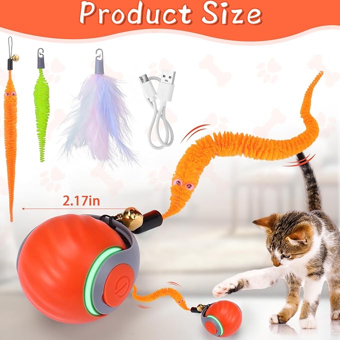 BABORUI Interactive Cat Toy Ball - Automatic Interactive Cat Toys for Indoor Cats with 3 Tails, 2 Speeds Rechargeable Enrichment Toys for Small/Medium/Large to Keep Them Busy (Orange) - Image 5
