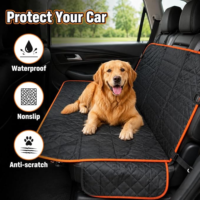 Dog Car Seat Cover for Back Seat, Waterproof Dog Hammock for Car, Non-Slip Dog Covers for Cars Backseat, Universal Pet Car Seat Cover Protector for Cars SUVs Trucks (Black Orange Edge) - Image 6
