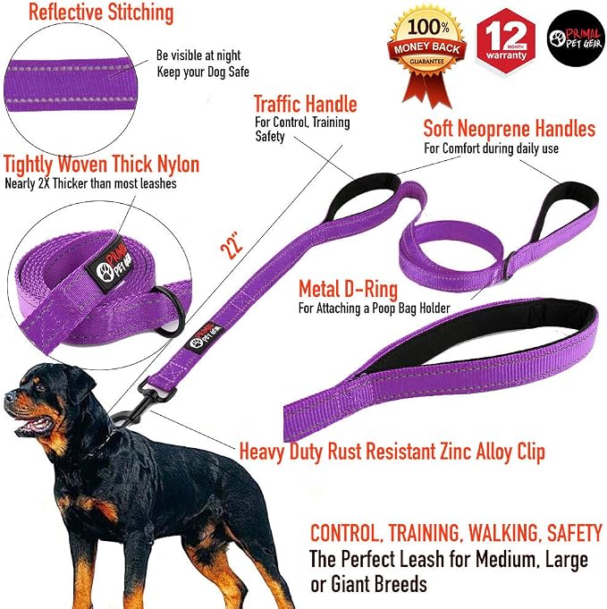 Dog Leash 6ft Long,Traffic Padded Two Handle,Heavy Duty,Reflective Double Handles Lead for Control Safety Training,Leashes for Large Dogs or Medium Dogs,Dual Handles Leads(Purple) - Image 2