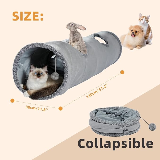 PAWZ Road Cat Tunnel 51 Inches Long Cat Toys Collapsible Tunnel 12”Diameter | Large Cats Tube for Big Cats,Rabbits and Puppy Extra Long Cat Play Tunnel Straight with 2 Peepholes for Indoor&Adult Cats - Image 3